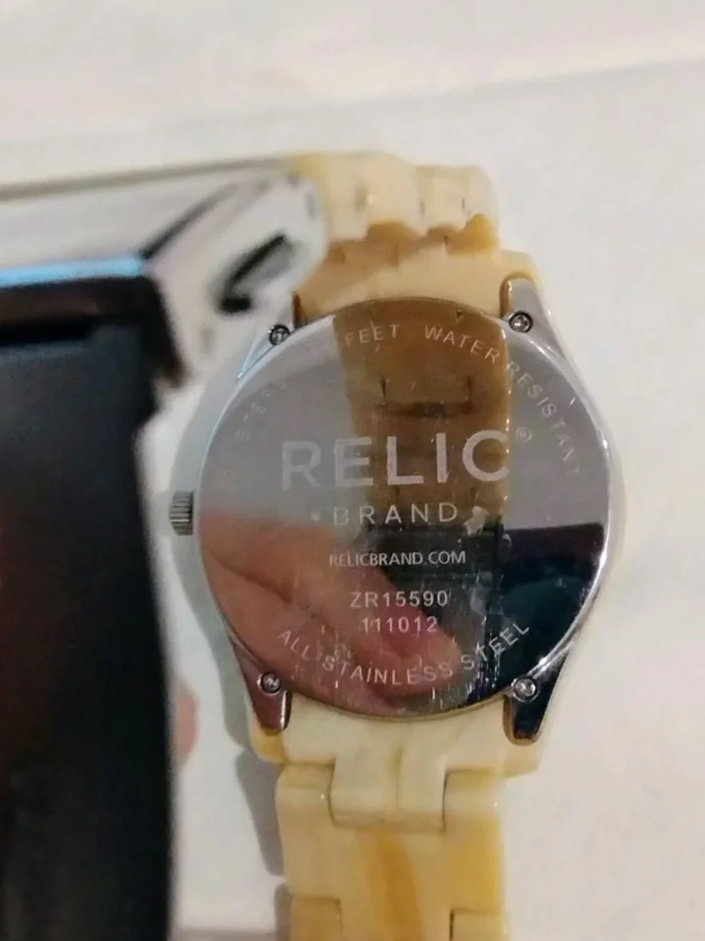 Relic Beige Tortoise Resin Rhinestone Chronograph Watch ZR15590 Gold Dial